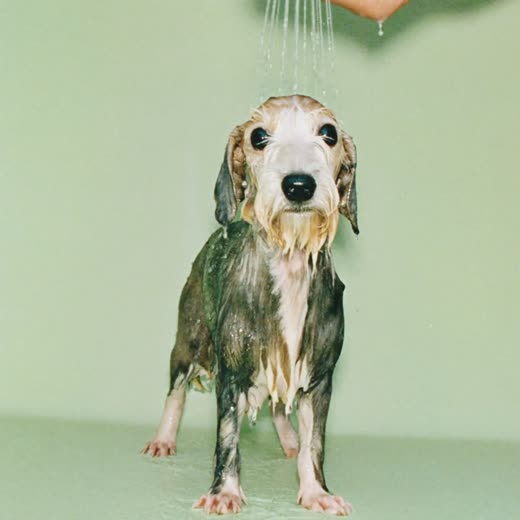 A small wet terrier mid-bath