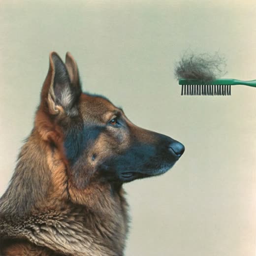 A thick-coated dog beside a de-shedding brush