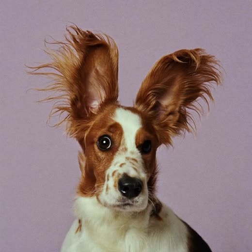 A spaniel with long ears, head turned to camera